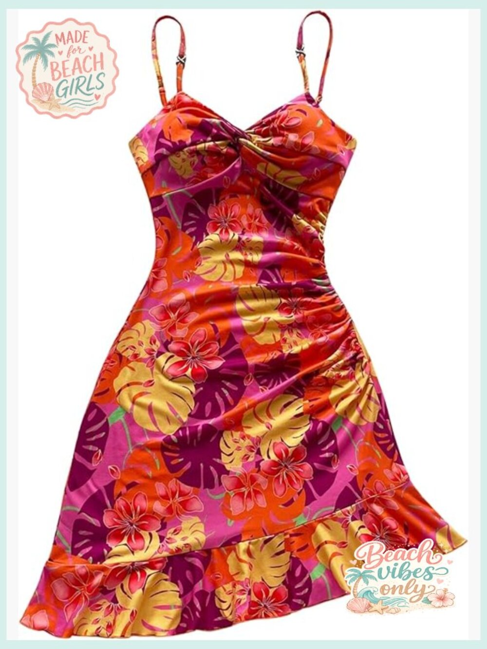 Tropical Twist Front Ruched Ruffle Hem Bodycon Cami Dress